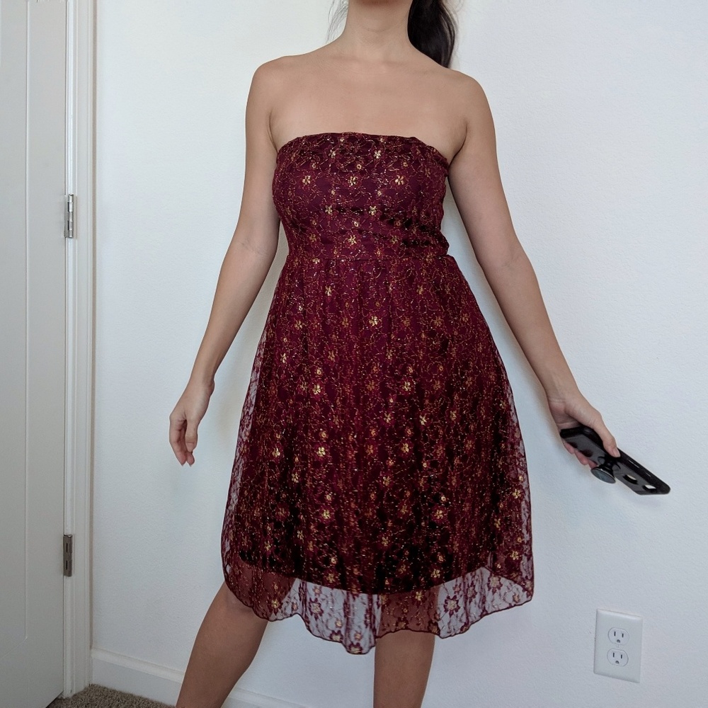 Club L Metallic Lace Strapless Dress in Berry US 6